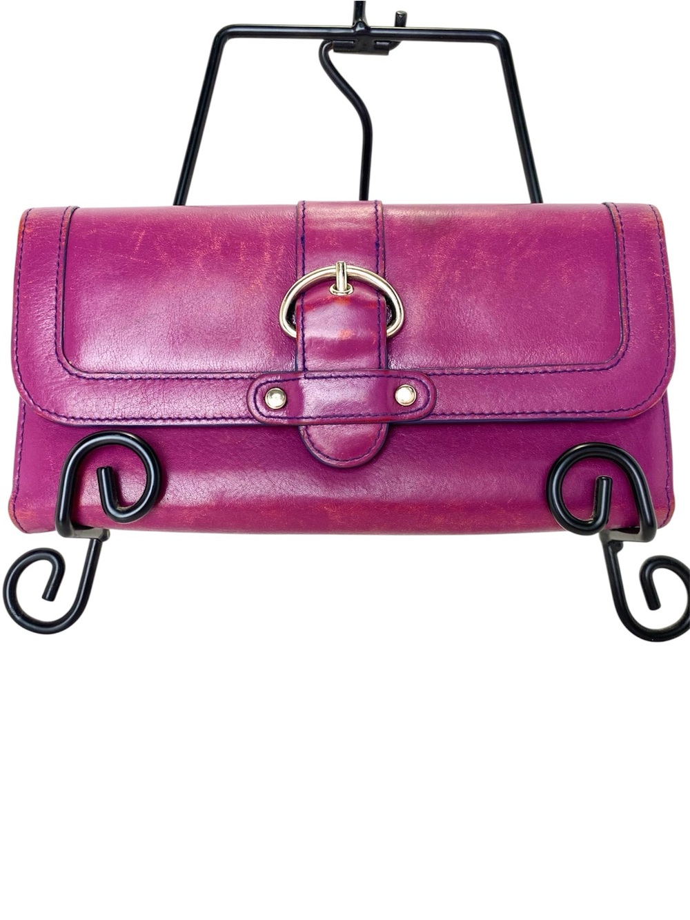 Nordstrom Genuine Leather Purple Trifold Clutch Wallet with Snap Buckle
